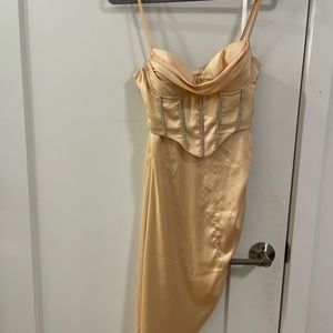 Embellished Asymmetric midi dress in Sand